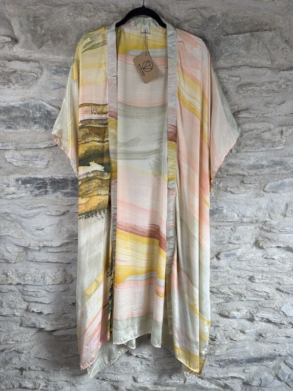SALE // LONG KIMONO STYLE JACKET ONE SIZE UK10 to 28: cream, golden, pink - product images  of 