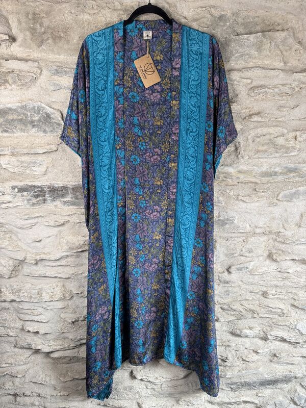 SALE // LONG KIMONO STYLE JACKET ONE SIZE UK10 to 28: lavender, blue flowers  - product images  of 