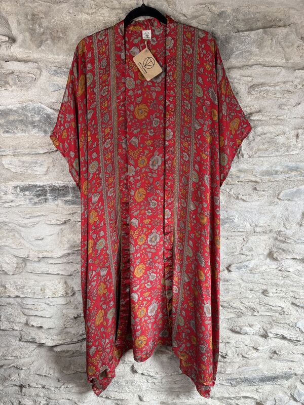 SALE // LONG KIMONO STYLE JACKET ONE SIZE UK10 to 28: red, floral  - product images  of 