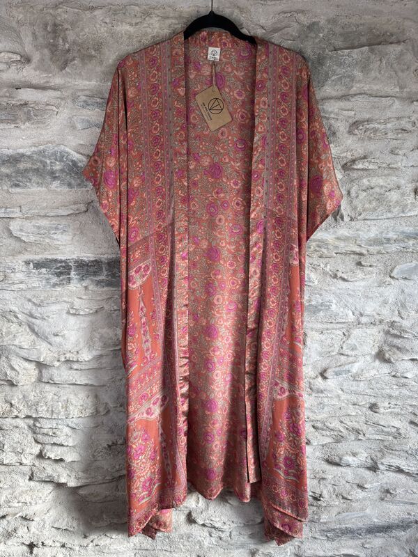 SALE // LONG KIMONO STYLE JACKET ONE SIZE UK10 to 28: sweet romantic pink, floral  - product images  of 