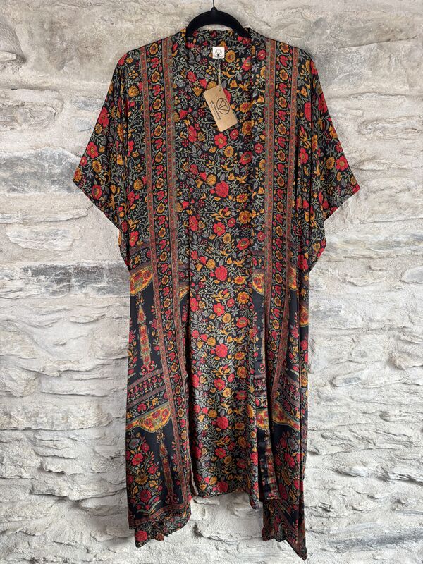 SALE // LONG KIMONO STYLE JACKET ONE SIZE UK10 to 28: black, yellow, red, floral - product images  of 