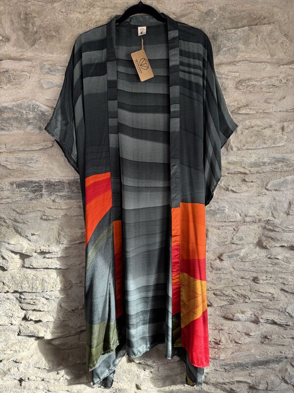 SALE // LONG KIMONO STYLE JACKET ONE SIZE UK10 to 28: grey, abstract - product images  of 