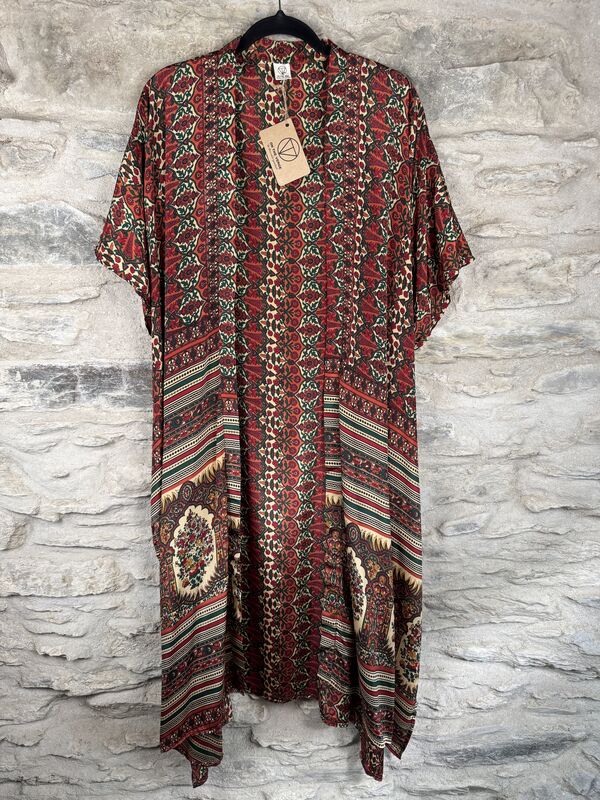 SALE // LONG KIMONO STYLE JACKET ONE SIZE UK10 to 28: cream, red, orange, green  - product images  of 