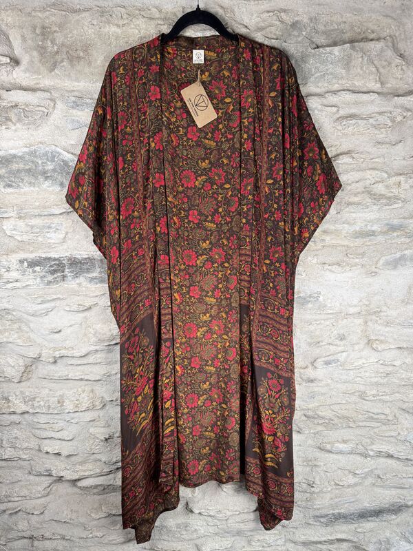 SALE // LONG KIMONO STYLE JACKET ONE SIZE UK10 to 28: brown, golden, red - product images  of 