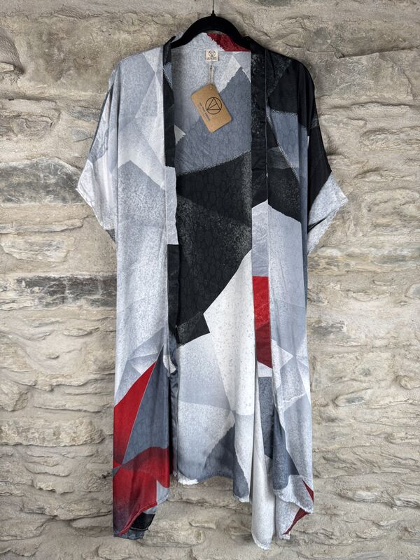 SALE // LONG KIMONO STYLE JACKET ONE SIZE UK10 to 28: off white, grey, black, red - product images  of 