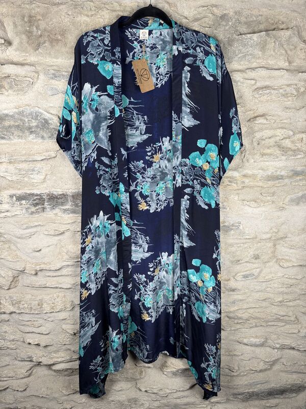 SALE // LONG KIMONO STYLE JACKET ONE SIZE UK10 to 28: blue, floral - product images  of 