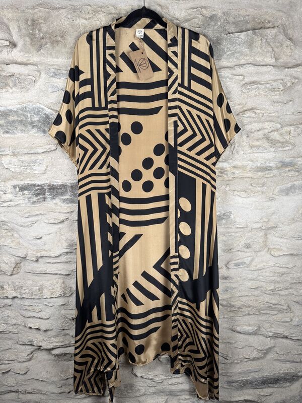 SALE // LONG KIMONO STYLE JACKET ONE SIZE UK10 to 28: golden and black  - product images  of 