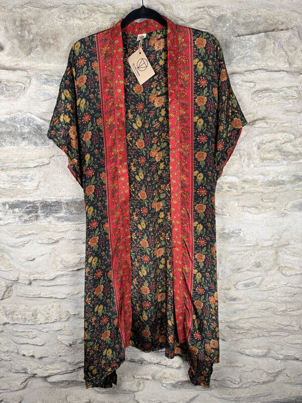 SALE // SHORTER LONG KIMONO STYLE JACKET ONE SIZE UK10 to 28:  black with red and yellow flowers  - product images  of 