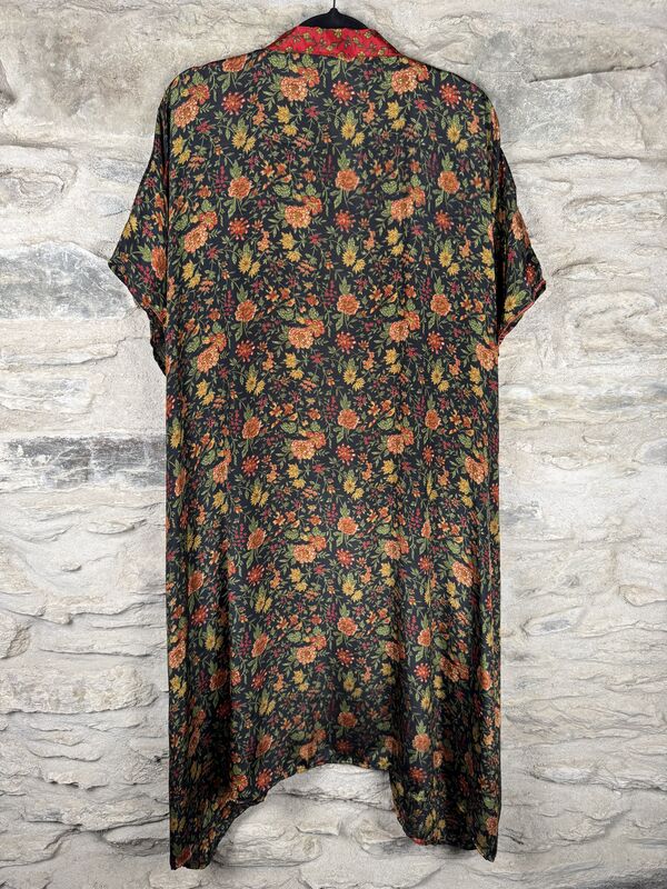 SALE // SHORTER LONG KIMONO STYLE JACKET ONE SIZE UK10 to 28:  black with red and yellow flowers  - product images  of 