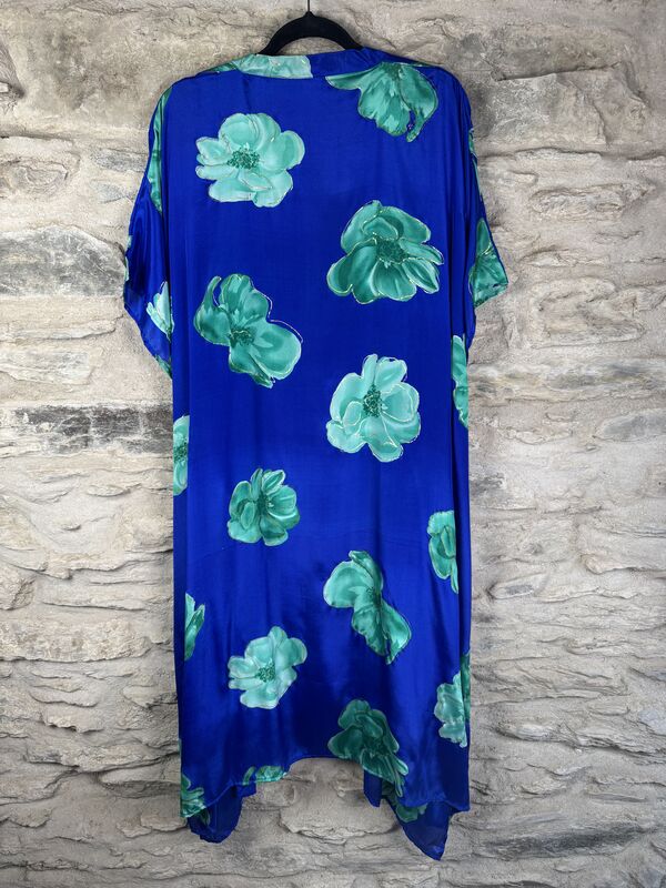 SALE // SHORTER LONG KIMONO STYLE JACKET ONE SIZE UK10 to 28:  blue, green flowers, gold outlines  - product images  of 