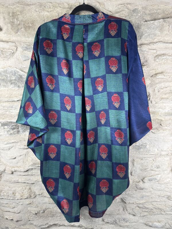 SALE // ORIGINAL KIMONO style jacket UK8 to UK14 POLY like RAW SILK: blue, floral  - product images  of 
