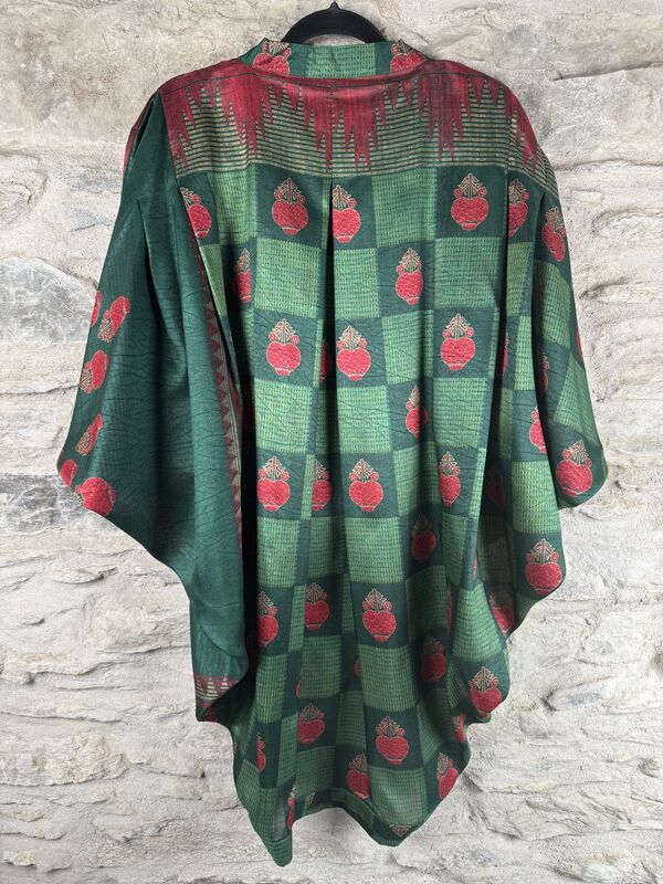SALE // ORIGINAL KIMONO style jacket UK8 to UK14 POLY like RAW SILK: green, floral  - product images  of 