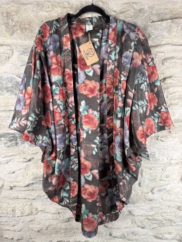 SALE,//,ORIGINAL,KIMONO,style,jacket,UK8,to,UK14,POLY,like,RAW,SILK:,grey,,floral,,multicolour,Grey, multicolour , kimono, style, jacket, polyester, raw silk, on the verge