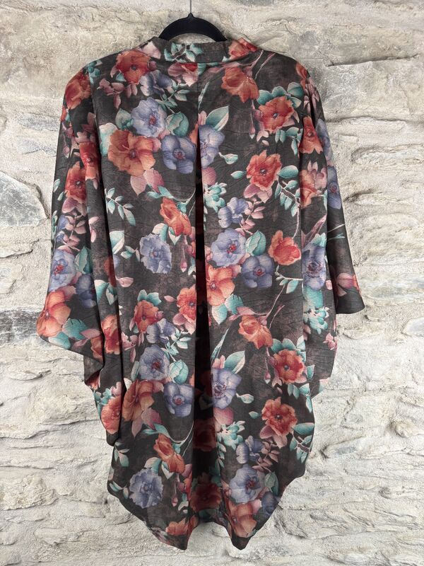 SALE // ORIGINAL KIMONO style jacket UK8 to UK14 POLY like RAW SILK: grey, floral, multicolour - product images  of 