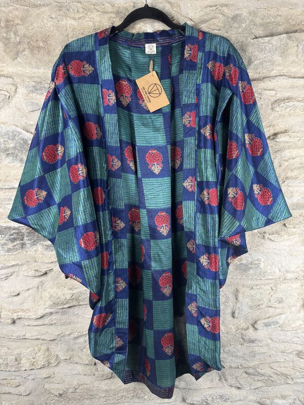 SALE // ORIGINAL KIMONO style jacket UK8 to UK14 POLY like RAW SILK: blue, floral   - product images  of 