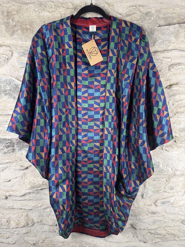 SALE // ORIGINAL KIMONO style jacket UK8 to UK14 POLY like RAW SILK: blue, geometric - product images  of 