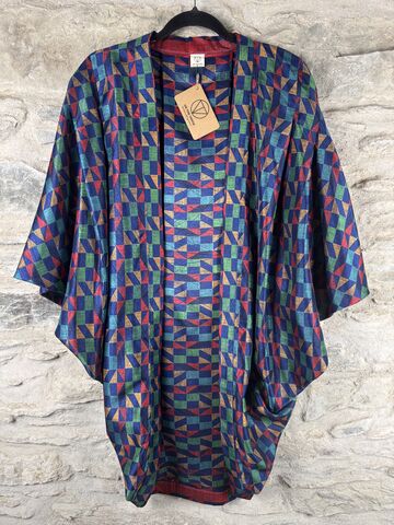 SALE,//,ORIGINAL,KIMONO,style,jacket,UK8,to,UK14,POLY,like,RAW,SILK:,blue,,geometric,Blue , kimono, style, jacket, polyester, raw silk, on the verge