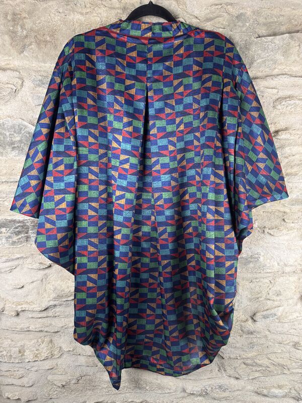 SALE // ORIGINAL KIMONO style jacket UK8 to UK14 POLY like RAW SILK: blue, geometric - product images  of 