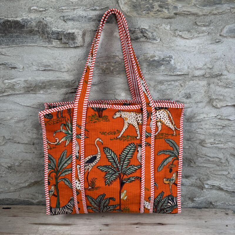 Cotton beach bag with zip: orange, jungle theme - product images  of 