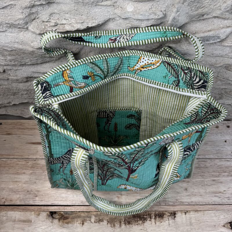Cotton beach bag with zip: aqua blue, jungle theme - product images  of 