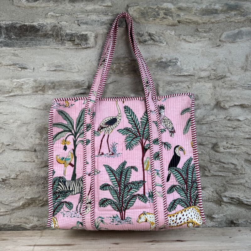 Cotton beach bag with zip: light pink, jungle theme - product images  of 