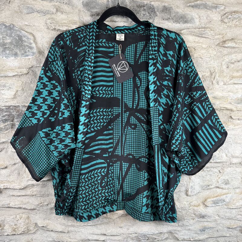 PETITE KIMONO STYLE JACKET UK8 to UK12: teal, black, abstract - product images  of 