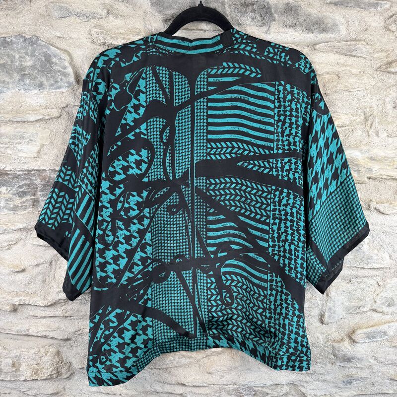 PETITE KIMONO STYLE JACKET UK8 to UK12: teal, black, abstract - product images  of 