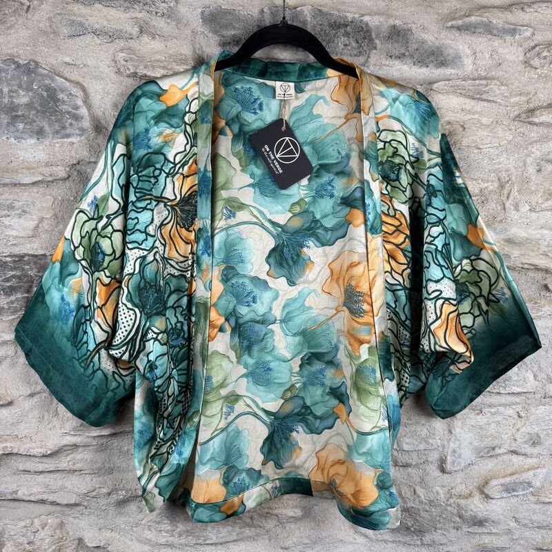 PETITE KIMONO STYLE JACKET UK8 to UK12: aqua, teal, gold, floral - product images  of 