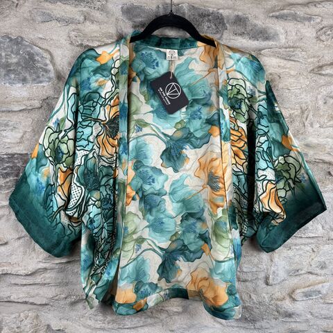 PETITE,KIMONO,STYLE,JACKET,UK8,to,UK12:,aqua,,teal,,gold,,floral,aqua, teal, gold, floral, Petite, Kimono, style, jacket, handmade, ireland 