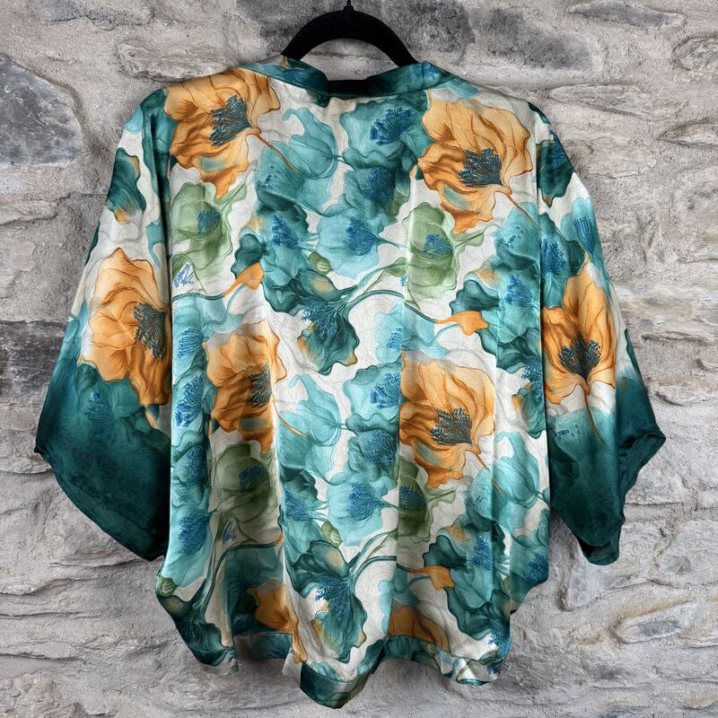 PETITE KIMONO STYLE JACKET UK8 to UK12: aqua, teal, gold, floral - product images  of 