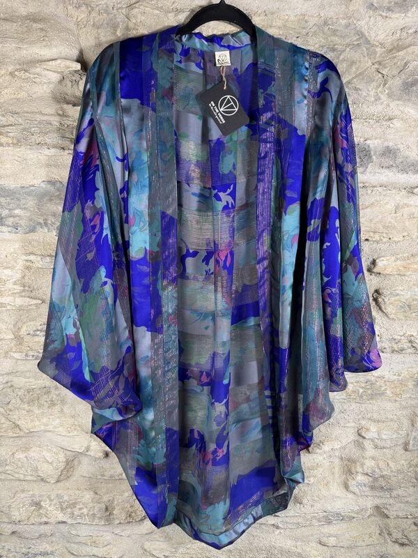 ORIGINAL KIMONO style jacket UK8 to UK18: electric blue, pink, green, floral,  silver threads  - product images  of 