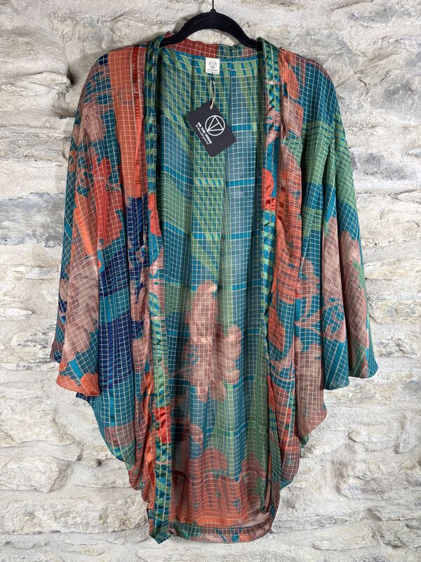 ORIGINAL KIMONO style jacket UK8 to UK18: blue, orange, green, abstract,  white threads  - product images  of 