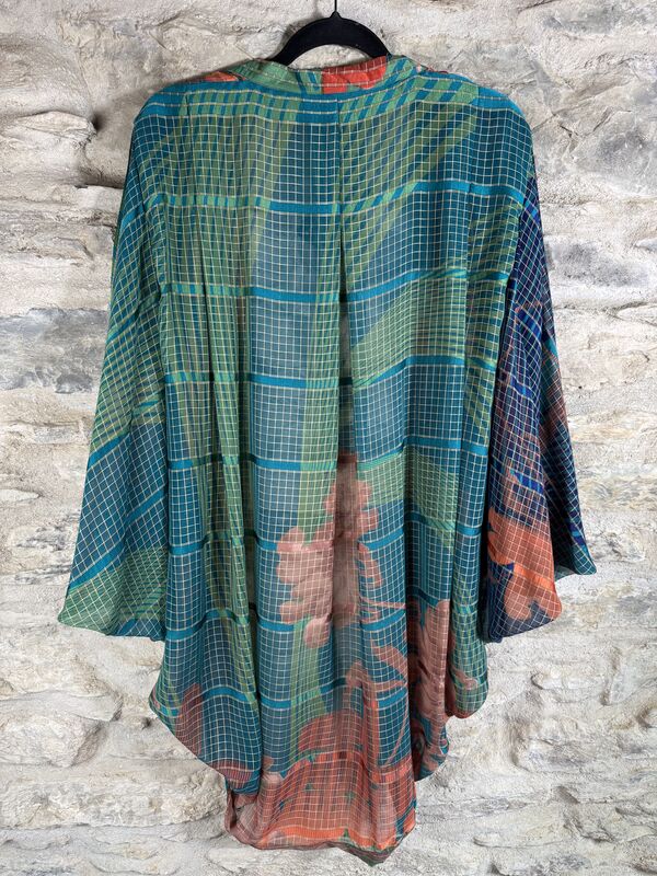 ORIGINAL KIMONO style jacket UK8 to UK18: blue, orange, green, abstract,  white threads  - product images  of 