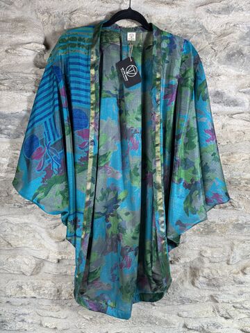 ORIGINAL,KIMONO,style,jacket,UK8,to,18:,blue,,green,with,golden,threads,blue, green with golden threads, kimono, style jacket, soft, polyester, kaftan, jacket, cardigan, ontheverge
