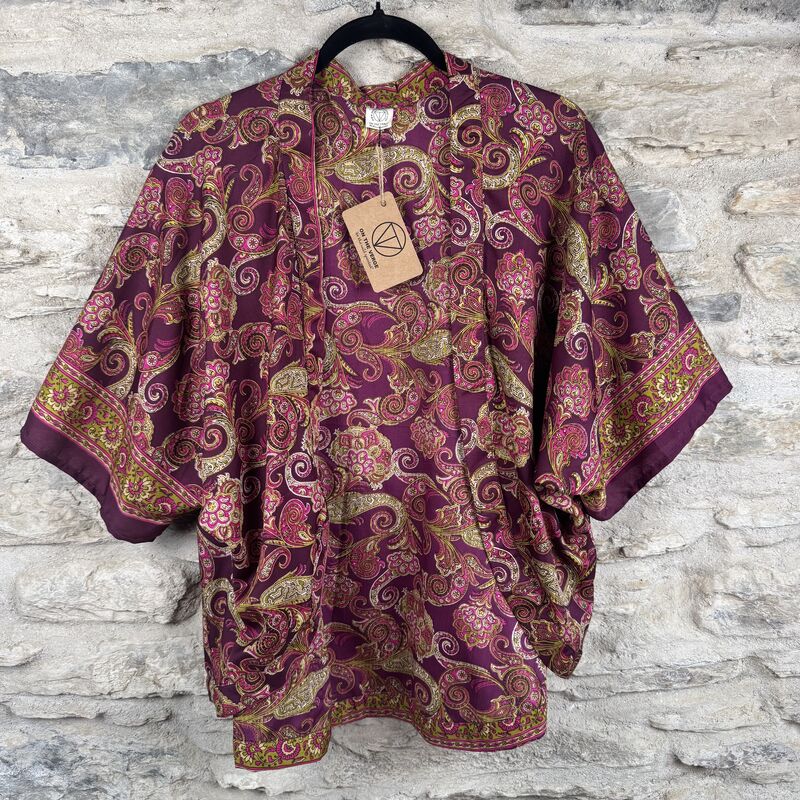 SALE // PETITE KIMONO STYLE JACKET UK10 to UK16: purple with lime, floral  - product images  of 