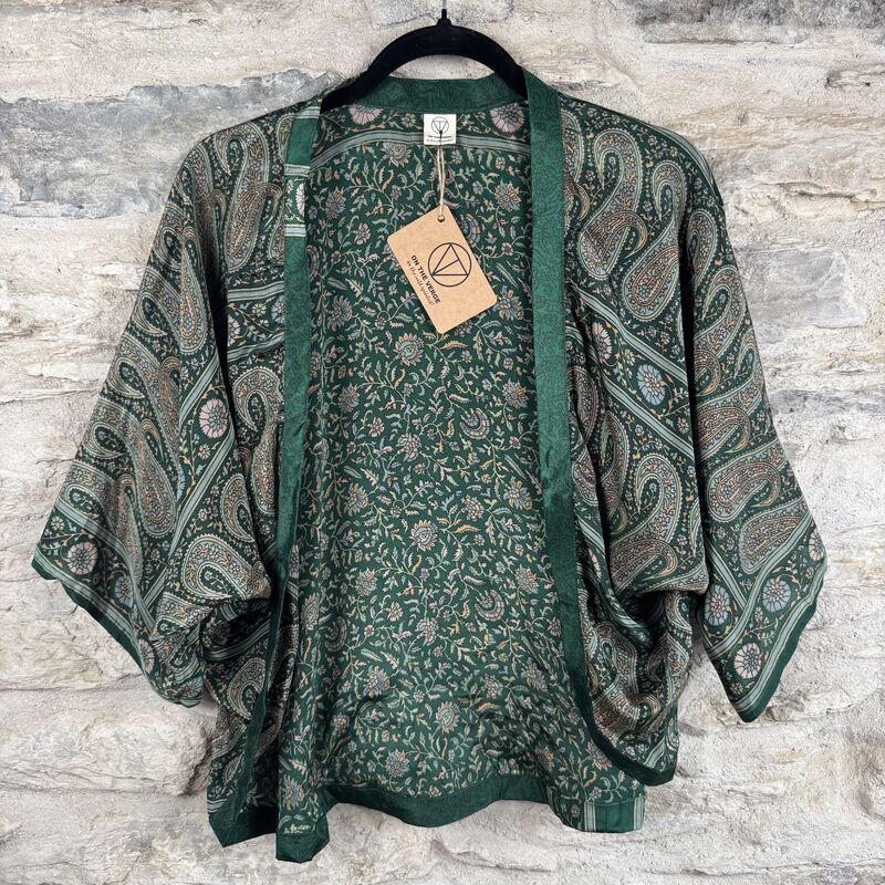 SALE // PETITE KIMONO STYLE JACKET UK8 to UK12: green, floral - product images  of 