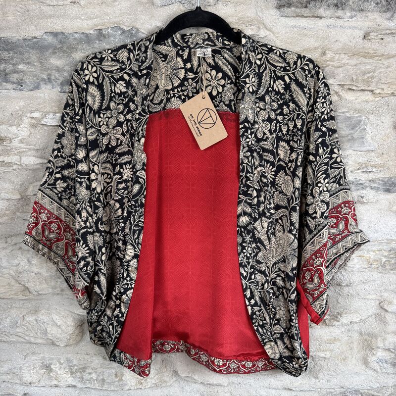 SALE // PETITE KIMONO STYLE JACKET UK8 to UK12: black, white, red, floral   - product images  of 