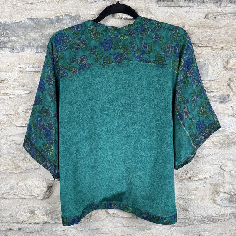 SALE // PETITE KIMONO STYLE JACKET UK8 to UK12: emerald green, floral - product images  of 