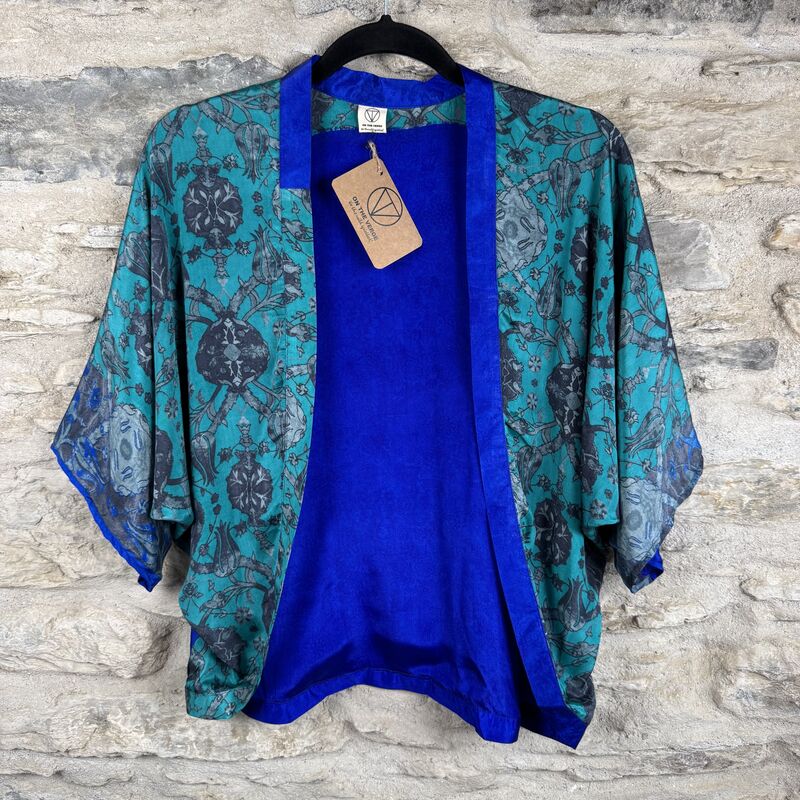 SALE // PETITE KIMONO STYLE JACKET UK8 to UK12: electric and aqua blue, floral - product images  of 