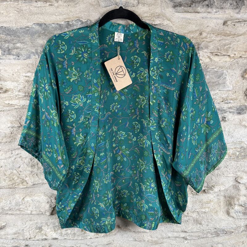 SALE // PETITE KIMONO STYLE JACKET UK8 to UK14: teal green, floral - product images  of 