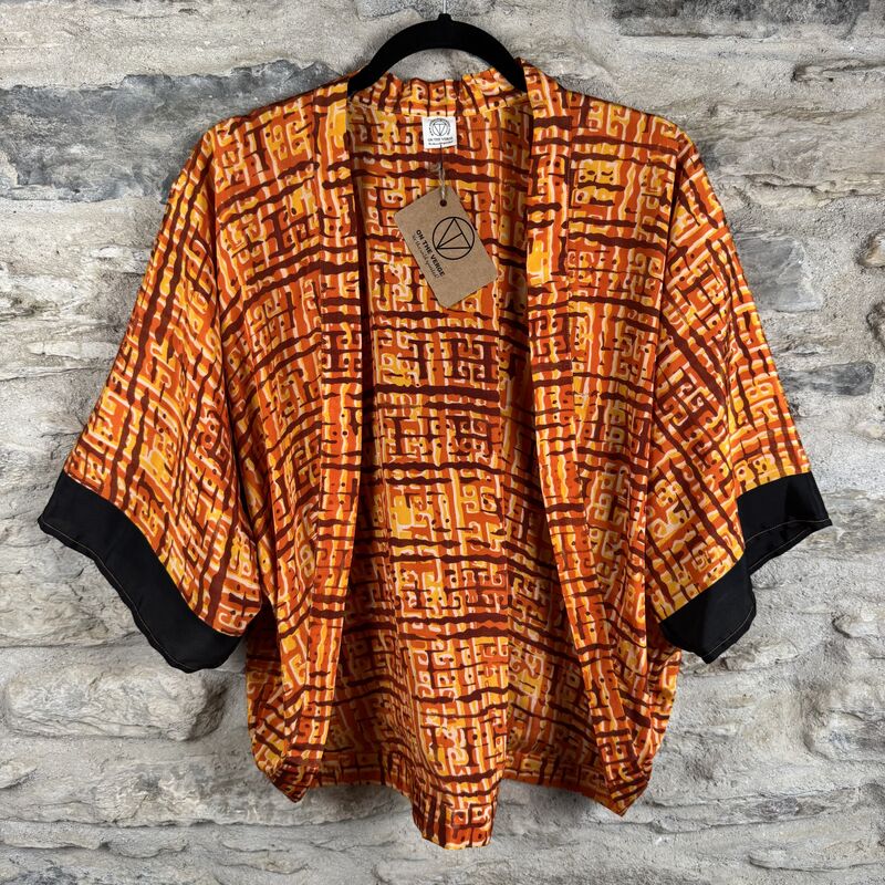 SALE // PETITE KIMONO STYLE JACKET UK8 to UK14: yellow, orange, black rim on sleeves  - product images  of 