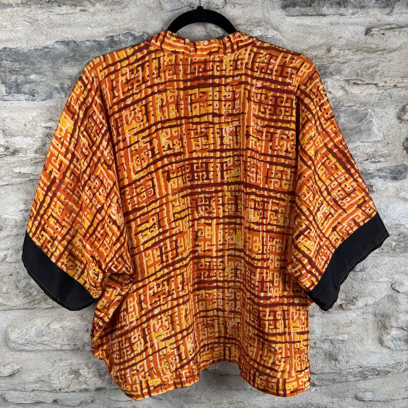 SALE // PETITE KIMONO STYLE JACKET UK8 to UK14: yellow, orange, black rim on sleeves  - product images  of 