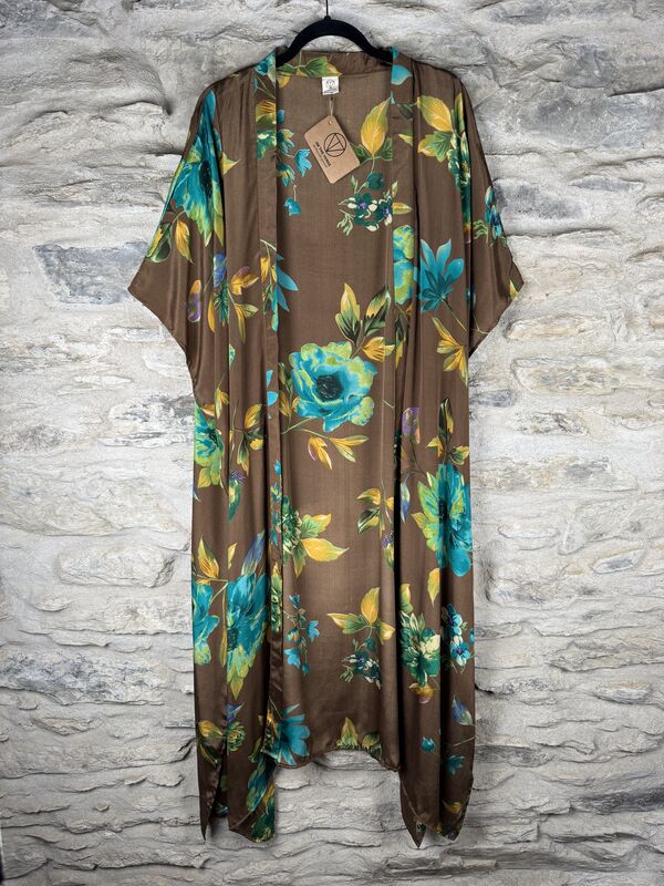 SALE // LONG KIMONO STYLE JACKET ONE SIZE UK10 to 28: light brown, yellow, floral, abstract - product images  of 