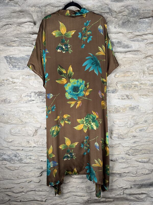 SALE // LONG KIMONO STYLE JACKET ONE SIZE UK10 to 28: light brown, yellow, floral, abstract - product images  of 
