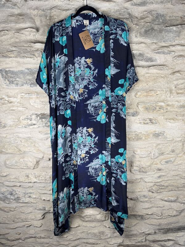SALE // LONG KIMONO STYLE JACKET ONE SIZE UK10 to 28: blue and grey, floral  - product images  of 