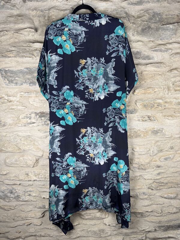 SALE // LONG KIMONO STYLE JACKET ONE SIZE UK10 to 28: blue and grey, floral  - product images  of 