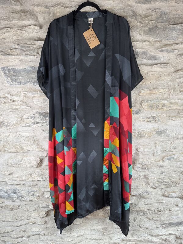 SALE // LONG KIMONO STYLE JACKET ONE SIZE UK10 to 28: black, multi colour, abstract  - product images  of 