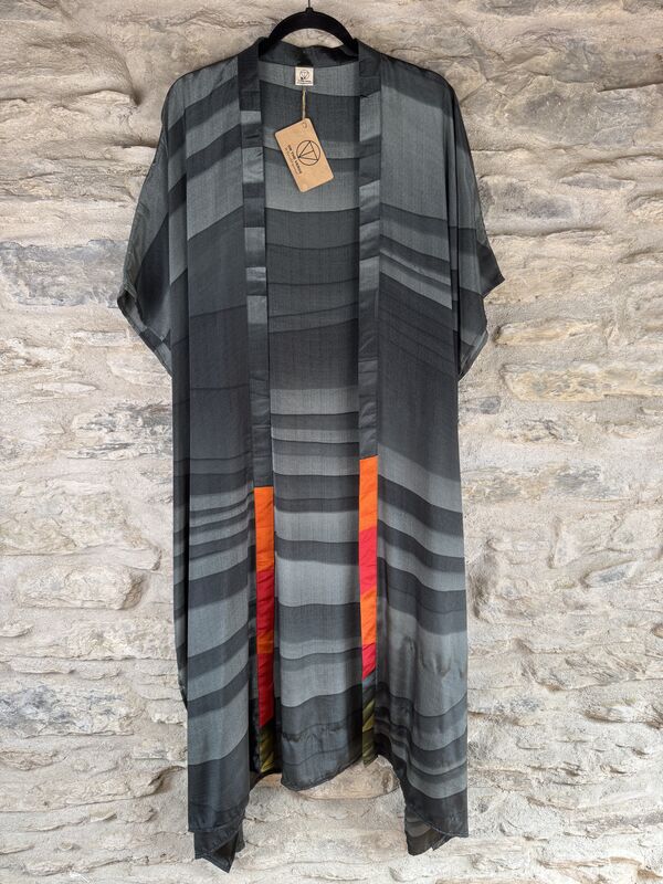SALE // LONG KIMONO STYLE JACKET ONE SIZE UK10 to 28: grey, some orange  - product images  of 