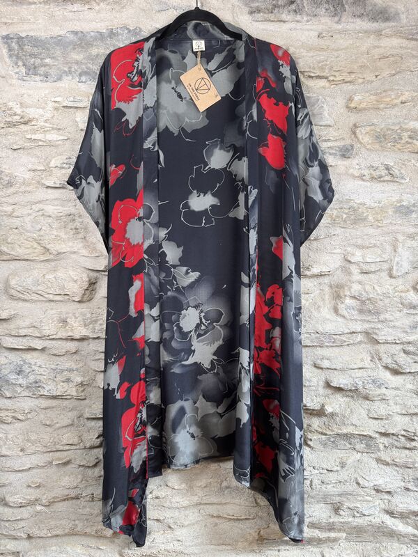 SALE // SHORTER LONG KIMONO STYLE JACKET ONE SIZE UK10 to 28:  black and grey with red  - product images  of 