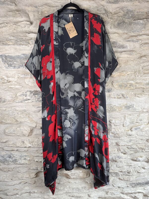 SALE // LONG KIMONO STYLE JACKET ONE SIZE UK10 to 28: black, grey, red - product images  of 